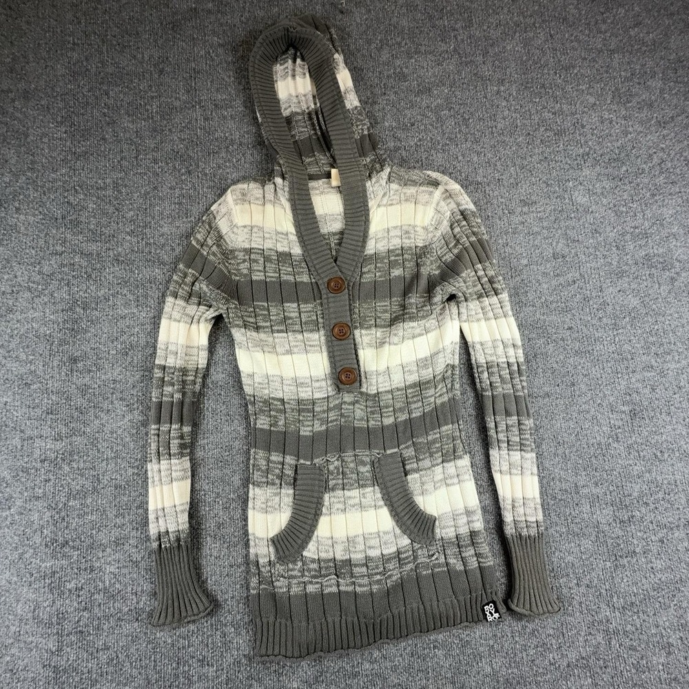 Roxy Sweater Dress Womens Large Gray Striped Hooded Tunic V Neck Pockets Knit